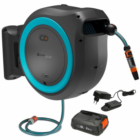 Battery-Powered Wall-Mounted Hose Box PowerRoll XL Set, 35 m hose, turquoise