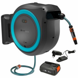 Battery-Powered Wall-Mounted Hose Box PowerRoll XXL Set, 40 m hose, turquoise