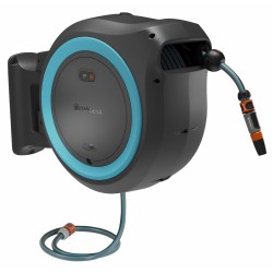 Battery-powered wall-mounted hose box PowerRoll XL solo, 35 m hose, turquoise