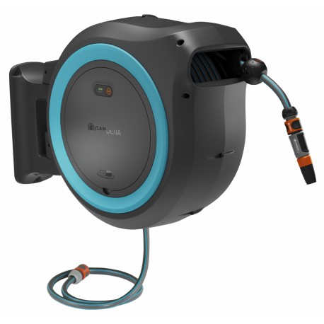 Battery-powered wall-mounted hose box PowerRoll XL solo, 35 m hose, turquoise